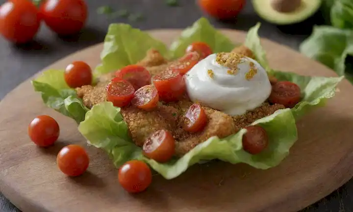 hojas de lechuga frescas, verduras coloridas, hierbas vibrantes, galones fritos crujientes, tomates jugosos de cereza, rebanadas de aguacate cremoso, flores delicadas comestibles, migas tostadas crujientes, gotas de salsa de yogur dorado suave, y una tabla de madera rústica con una luz cálida y natural