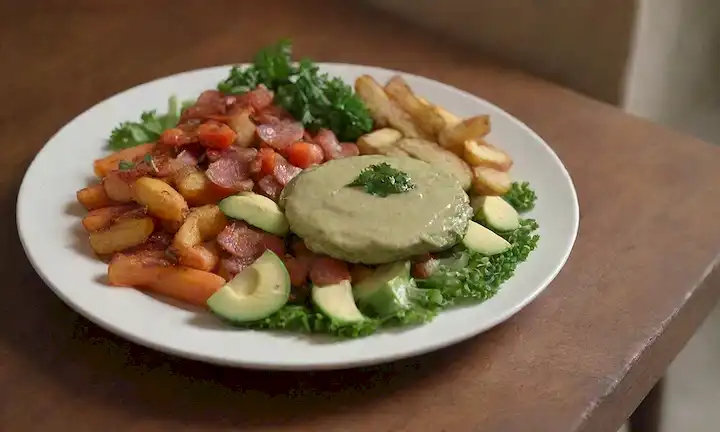 Una placa caliente, mantelería de madera rústica, verduras frescas como lechuga, zanahorias y frijoles, rodajas de aguacate maduras, boquilla de mayonesa dorada, patatas fritas crujientes, trozos de tomate crujientes, cuñas jugosas, adornadas con perejil fresco, fondo de enfoque suave, iluminación caliente, atmósfera acogedor