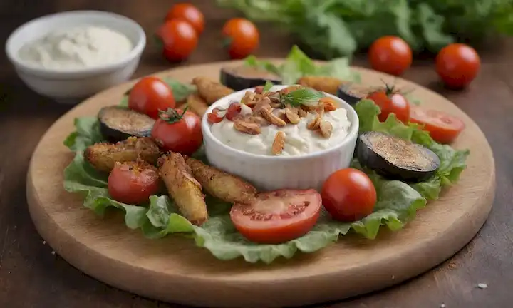 Creamy salsa blanca, papas fritas crujientes, rebanadas de berenjena dorada, hojas de lechuga frescas, tomates de cereza a la mitad, queso defeta desmoronado y almendras tostadas en un plato de madera