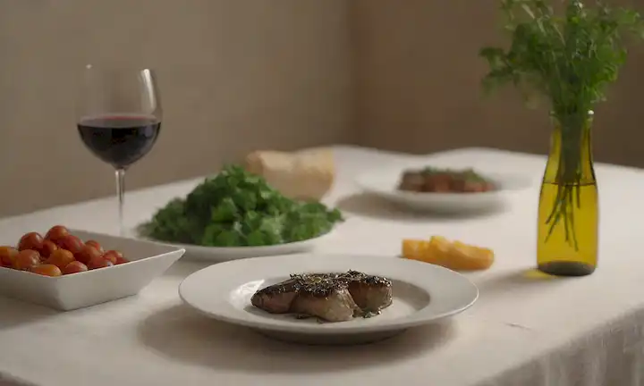 Un plato con una instalación de comida equilibrada, con una copa de vino al lado, un fondo con suave iluminación cálida, un mantel minimalista, y algunas verduras frescas o hierbas cercanas para transmitir un sentido de salud