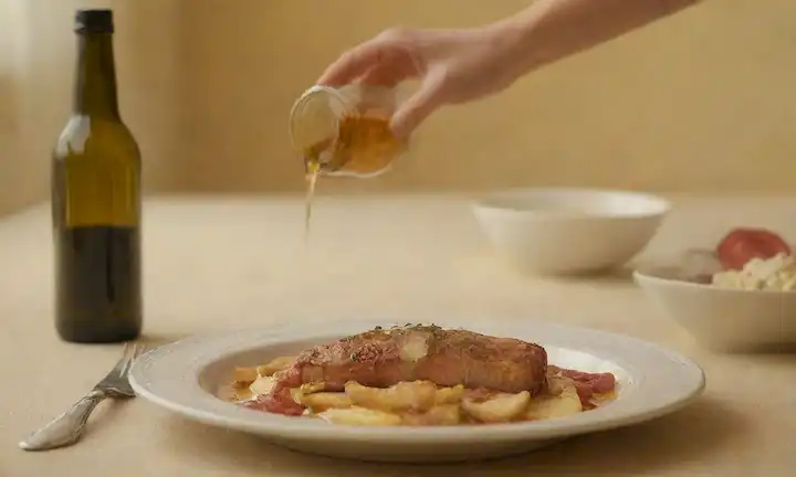 Un vaso con vinagre de pie sobre una mesa junto a un plato con una comida inacabada