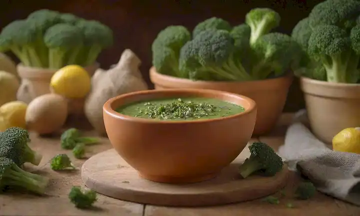 Un vibrante brócoliscape verde con unas cuantas flores saliendo de una olla de terracota, una mesa de madera rústica con un tazón de sopa de brócoli al vapor en el fondo, unas cuantas ramitas de perejil y rebanadas de limón añadiendo pops de color, cálida iluminación dorada echando un resplandor acogedor
