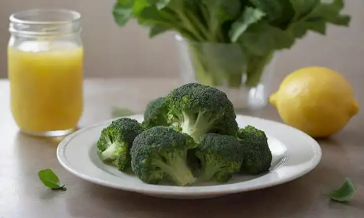 Broccoli florets en una placa blanca, rodeada de hojas frescas, con un frasco de vidrio lleno de agua y rebanadas de limón en el fondo, luz caliente con sombras