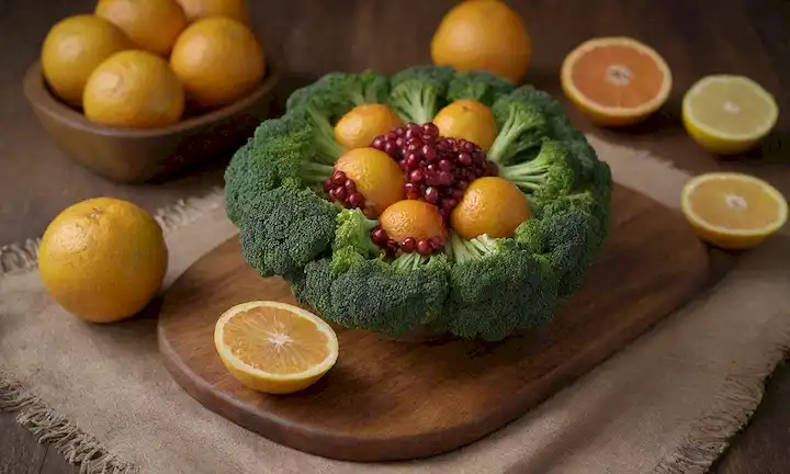 Una vibrante corona de brócoli verde con flores amarillas brillantes rodeadas de un mantel rústico de madera, rematada con naranjas rebanadas y granadas, iluminación caliente desde arriba, hierbas frescas esparcidas alrededor, tonos terrenales y texturas naturales