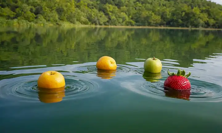3-5 frutas o verduras coloridas con hojas verdes, flotando en medio del aire sobre un lago sereno o fondo del océano, rodeado de suave niebla, suave luz del sol arrojando un resplandor cálido, pocas ondas sutiles en la superficie de las aguas para implicar el movimiento del aire, sin insectos o animales visibles excepto por algunas mariposas distantes