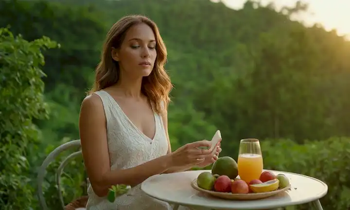Una mujer relajando al aire libre con una expresión pacífica, rodeada de vegetación exuberante, con mosquitos volando en el fondo, un plato de frutas y verduras en la mesa lateral, una bebida refrescante en la mano, y un sutil toque de colores de puesta de sol en la atmósfera