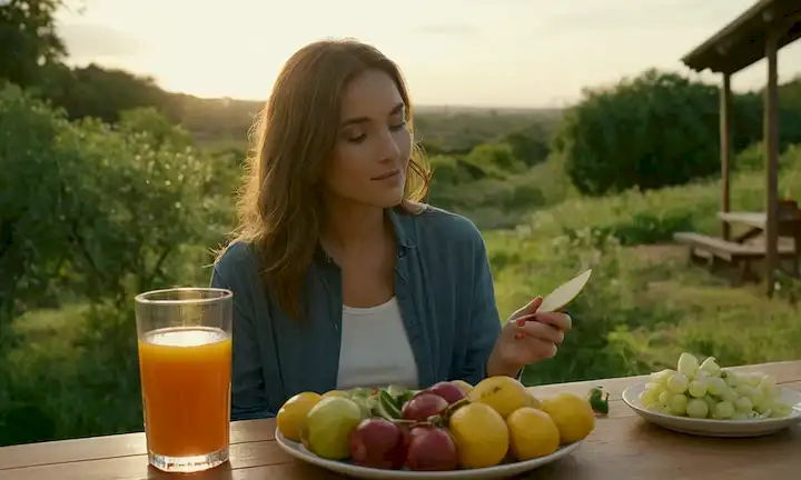 Un plato con fruta rebanada y verduras, un vaso de jugo, una mujer al aire libre disfrutando de la naturaleza, un ambiente relajado, una iluminación cálida, un ambiente al aire libre, una escena tranquila
