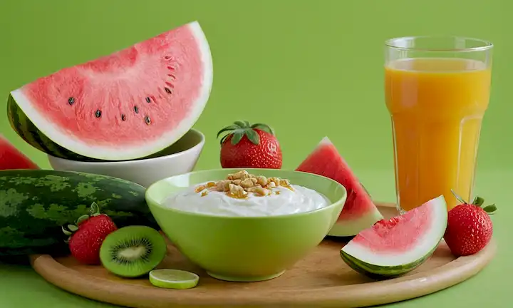 Un plato con una colorida extensión de frutas y verduras