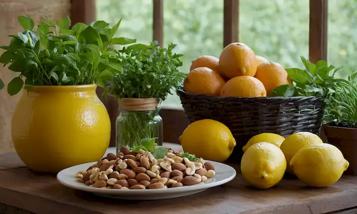 Un plato con varios frutos como limones, limones y naranjas; un tazón lleno de nueces como almendras y nueces; una cesta que contiene hierbas frescas incluyendo albahaca, menta y cilantro; un frasco de vidrio con una etiqueta que muestra el interior de un bosque tropical; un racimo de plantas macizas como hierba de citronella y lavanda