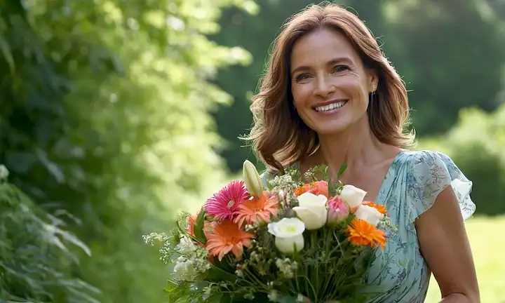 Mujer en sus 40 años con brillo radiante, abrazando el entorno natural, rodeado de vegetación exuberante, llevando un ramo de flores frescas, usando un vestido suelto, sonriendo cálidamente, ojos arrugados en esquinas, cabello soplado suavemente en viento