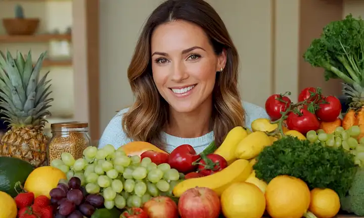 Salud de las mujeres, nutrición, equilibrio, bienestar, hábitos saludables, caras sonrientes, colores vibrantes, frutas frescas y verduras, granos enteros, proteínas magras, inspiración de dieta mediterránea, momentos felices, autocuidado, estilo de vida positivo, vida sin preocupaciones