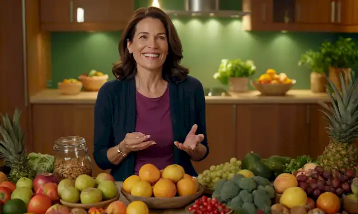 Una mujer de más de 40 años, sonriente y activa, en un entorno natural brillante, rodeada de frutas coloridas, nueces, semillas y verduras, con una sutil iluminación cálida, representando hábitos saludables