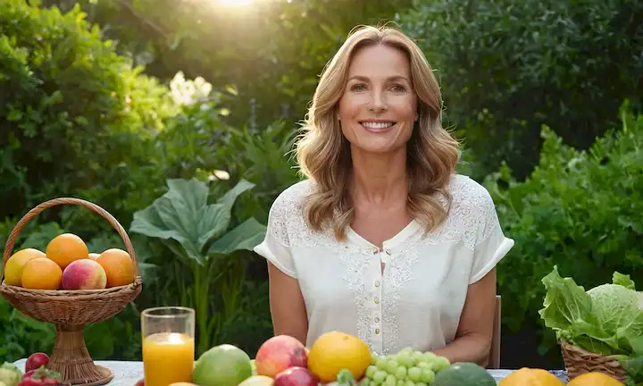 Mujer de 40 años con un resplandor saludable, rodeada de frutas y verduras vibrantes, hojas verdes y flores florecientes, con una sonrisa relajada, sentada en un jardín sereno, con un toque de luz solar filtrando a través de los árboles, transmitiendo un sentido de tranquilidad y bienestar
