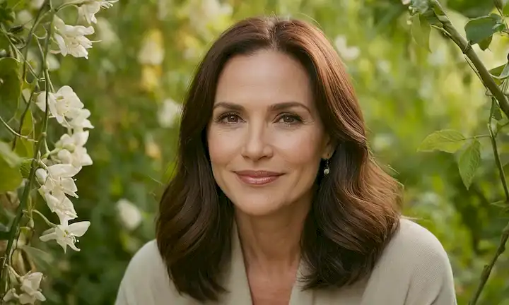 Una mujer en sus 40 años con una suave sonrisa, rodeada de elementos naturales como flores, hojas y vides; un fondo sutil con colores suaves; una luz cálida; un sentido de serenidad; un enfoque en el empoderamiento femenino; un guiño al concepto de salud reproductiva; una representación de nutrición y vitalidad