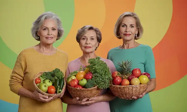 3 mujeres en diferentes etapas de la vida (jóven adulto, de mediana edad, ancianos) juntas conteniendo frutas y verduras, con fondo colorido que representa hábitos saludables