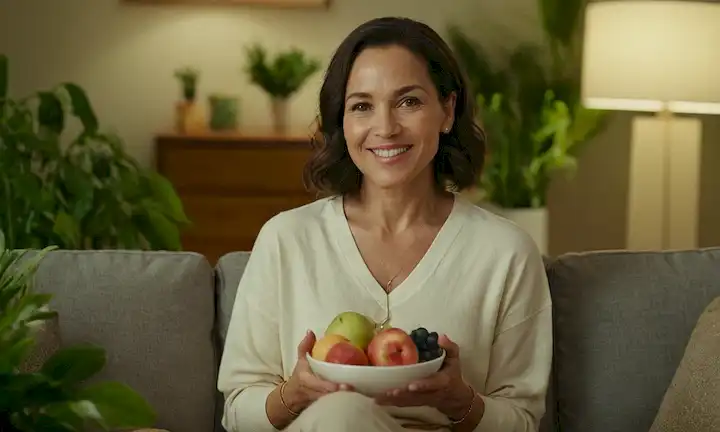 Mujer de 40 años de edad con suave sonrisa, sentado en el sofá con bocadillo saludable en la mano, rodeado de frutas frescas y vegetación, con sutil iluminación cálida, reflejando su paz interior y su autocuidado