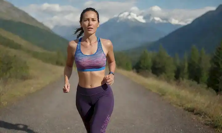 30-algo mujer en un sujetador deportivo de colores y leggings, corriendo en un sendero escénico con montañas en el fondo, sudor goteando de su frente, una mano levantada para equilibrarse, piernas dobladas en un zanjado energético