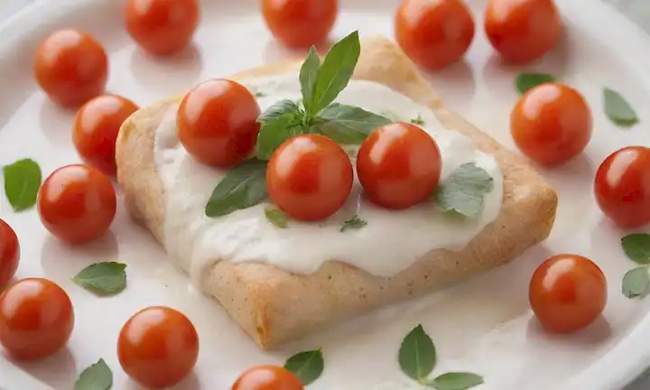 Una envoltura tibia, dorada, crujiente y hinchada; una espolvorea de hierbas verdes vibrantes en la parte superior; unos tomates jugosos y rojos de cereza a la mitad y arreglados en un patrón; un generoso dollop de salsa blanca cremosa rebosante; una flor delicada, comestible o dos; un fondo suave y color beige con sombras sutiles