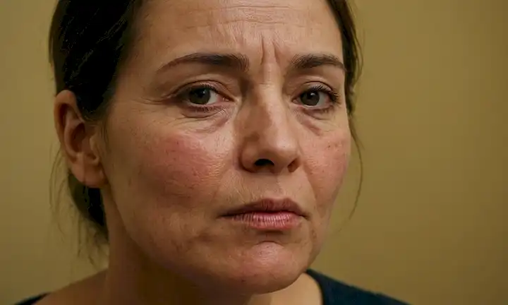 Una mujer con una cara cansada, piel roja y puffy, arrugas profundas, patas agitadas, parches secos y ahumados, tono desigual, círculos oscuros bajo sus ojos, una boca abatible, y una apariencia desgastada general
