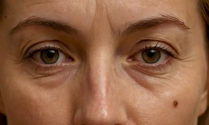 Un disparo de cerca de una mujer cara con arrugas, líneas finas y manchas oscuras, mostrando signos de envejecimiento prematuro de ejercicios faciales de yoga excesivos