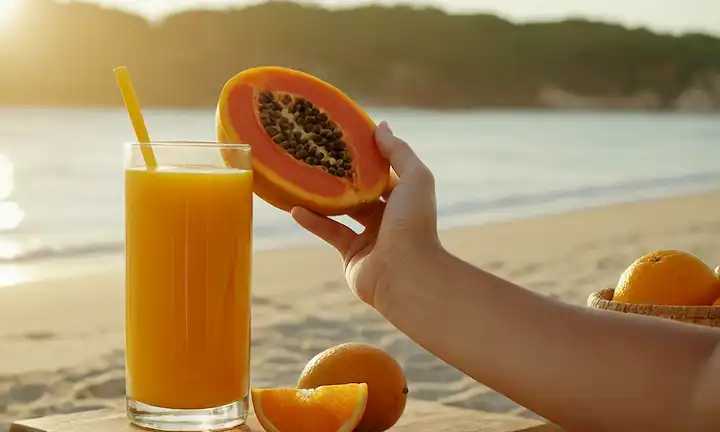 Una persona disfrutando de un día soleado en la playa, con un colorido fondo de frutas y verduras, incluyendo papaya, naranjas y maíz; un vaso de jugo de naranja recién exprimido en su mano; un brillo cálido sutil que los rodea, simbolizando salud y felicidad
