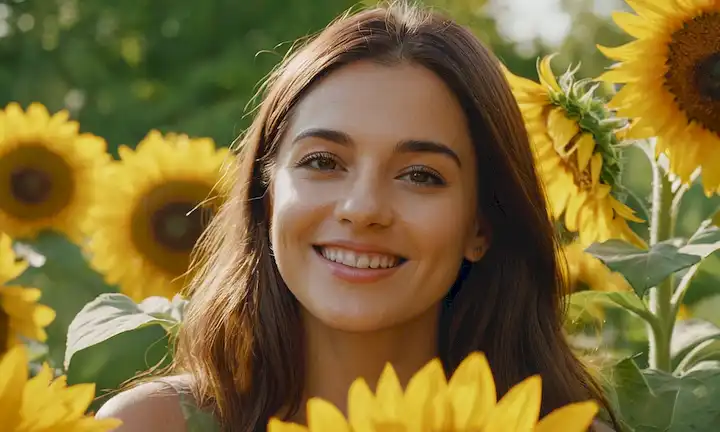 Ojos con girasoles, vegetación y un cálido fondo soleado, con una persona sonriente, ojos relajados, con sutiles brillos, transmitiendo un sentido de protección y bienestar, rodeado de elementos naturales como hojas y pétalos