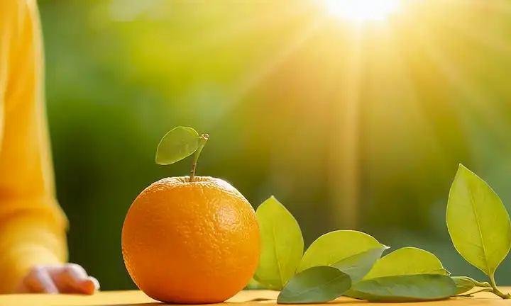 Un fondo amarillo-naranjado brillante, unas cuantas hojas verdes, un pequeño símbolo del sol, una persona en la distancia disfrutando de la naturaleza, la iluminación cálida y suave, un sentido de serenidad y felicidad, posiblemente algunas frutas o verduras en el primer plano